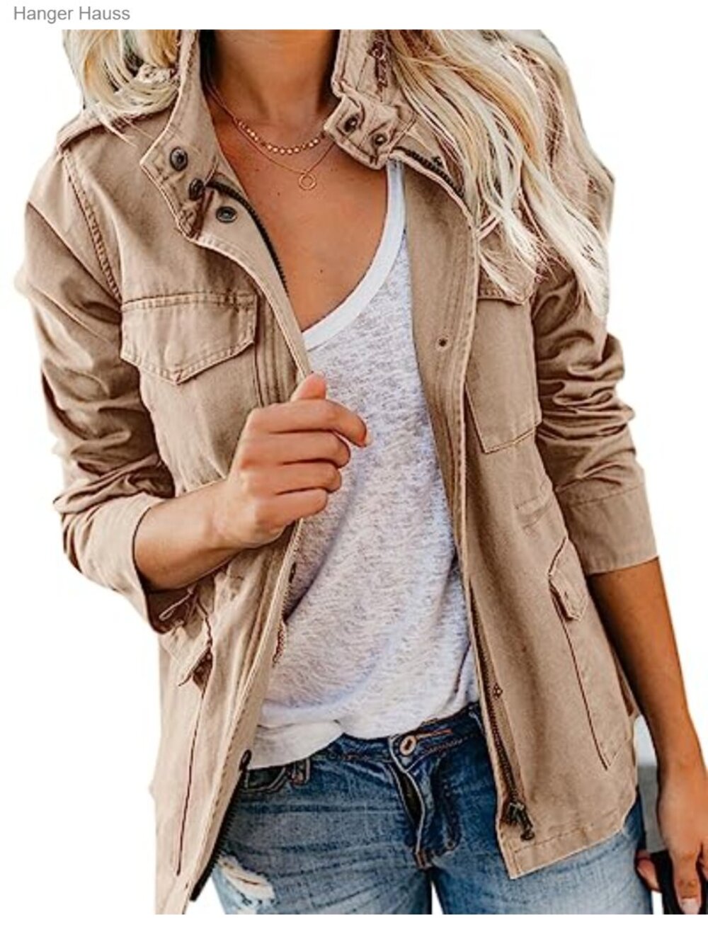 Women's Military Anorak Jacket Cotton Twill Snap Button Flap Pockets